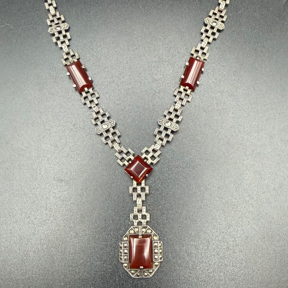 Vintage Sterling Silver Lavalier Necklace Red Carnelian Marcasite Art Deco 17in